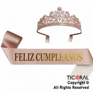 SET VINCHA Y BANDA FELIZ CUMPLEA�OS PERLAS Y STRASS ROSA GOLD (10548E) X 1